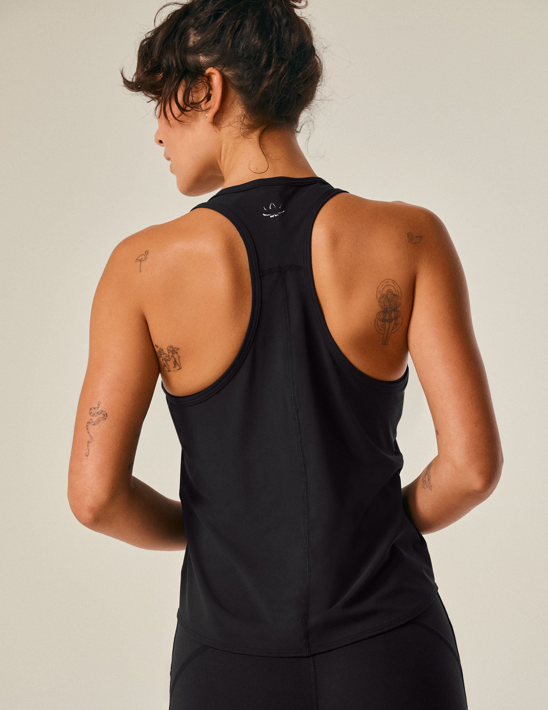 black scoop neck racerback tank top.