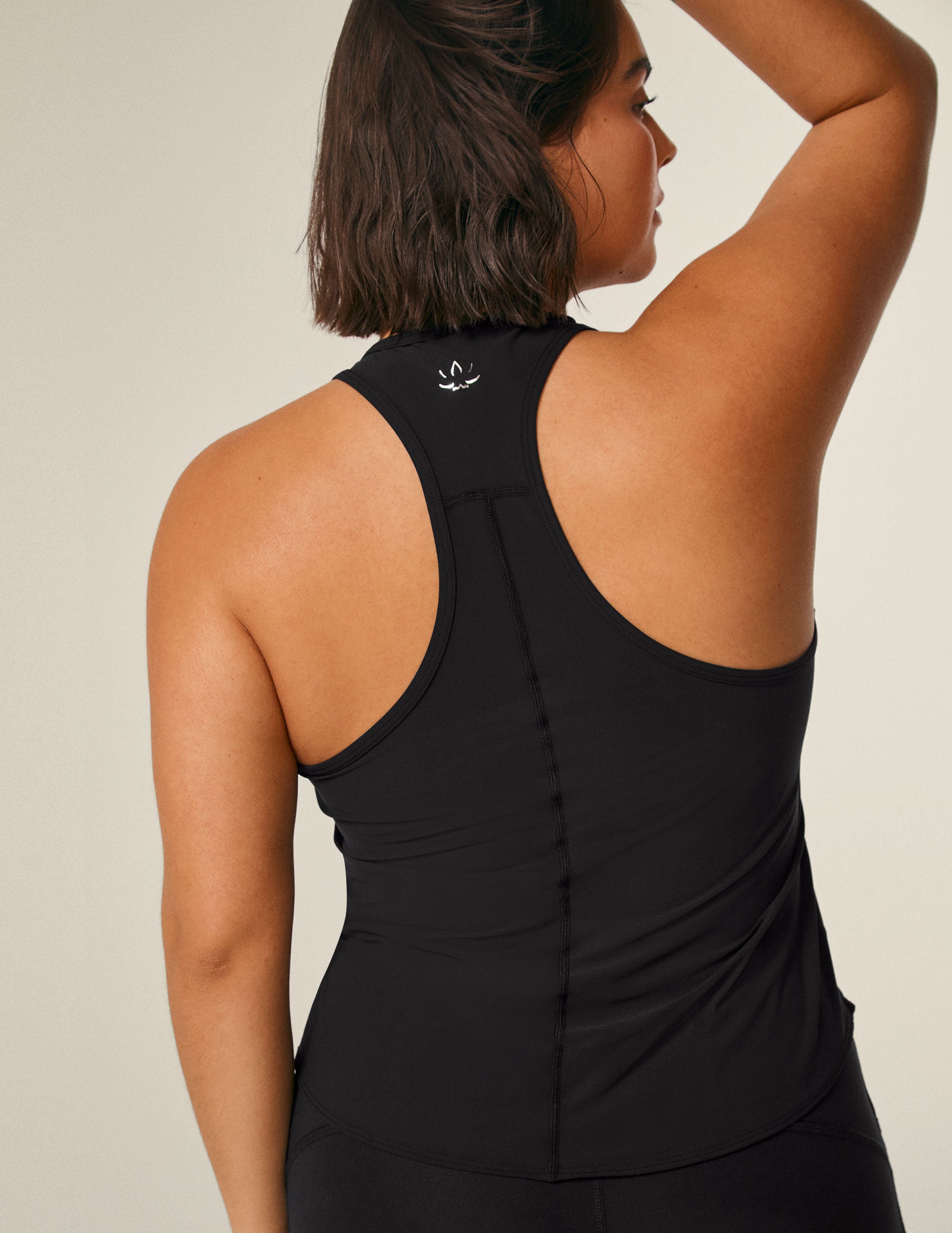 black scoop neck racerback tank top.