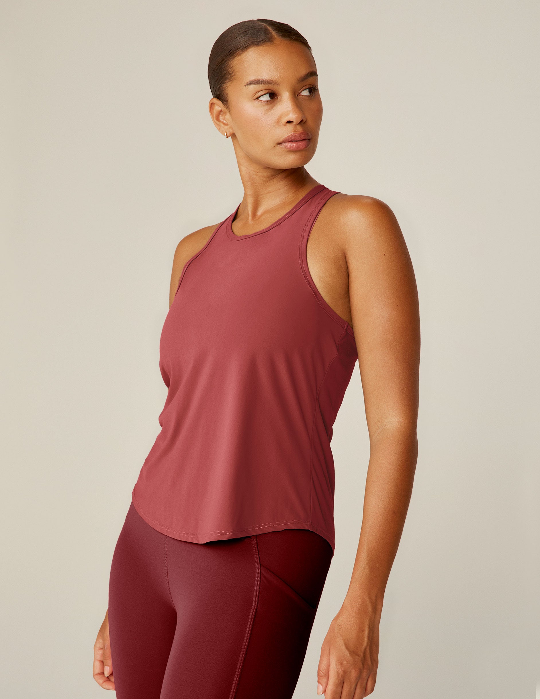 red scoop neck racerback tank top.