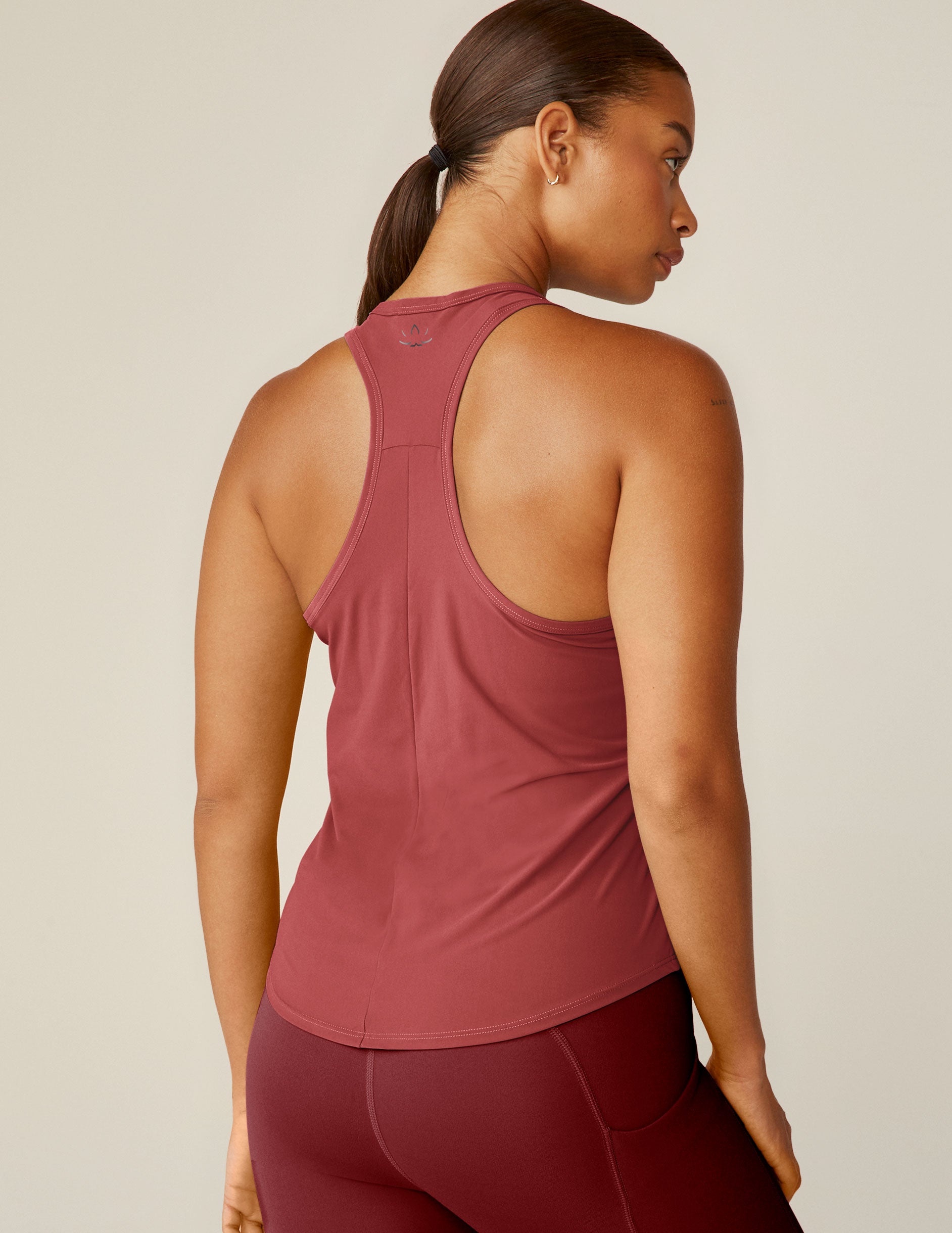 red scoop neck racerback tank top.
