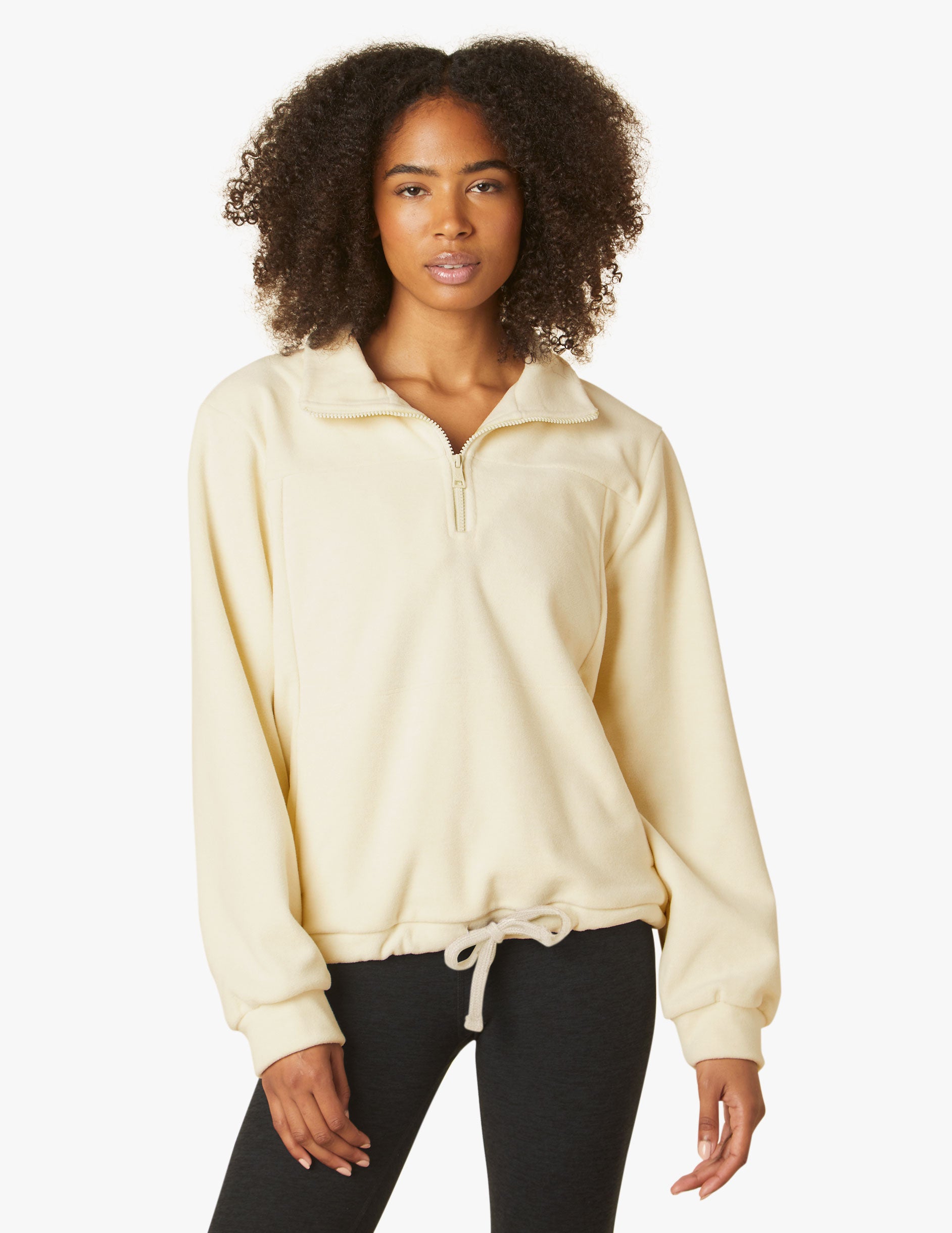 beige quater zip pullover with drawstring at waist