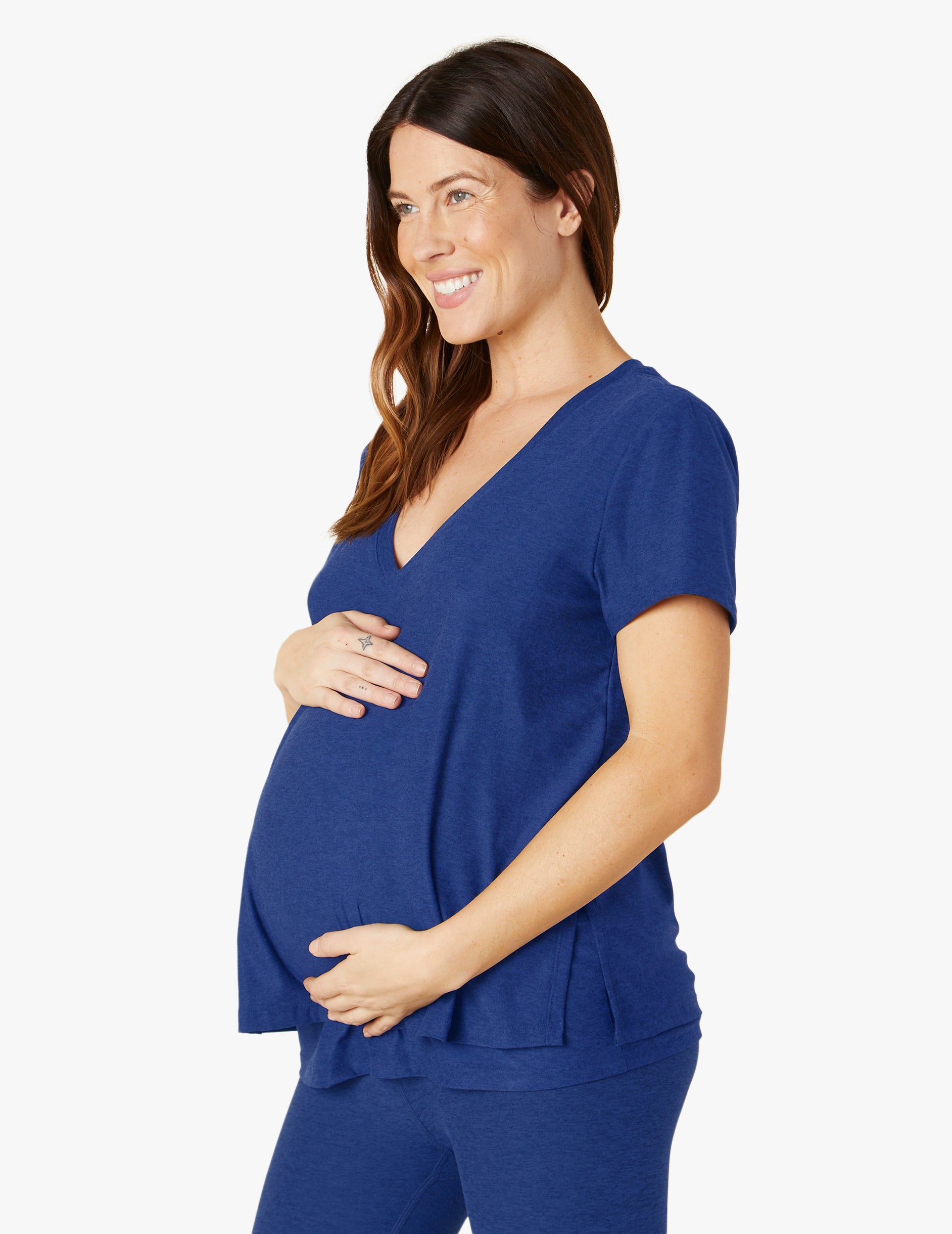 blue maternity v neck short sleeve shirt