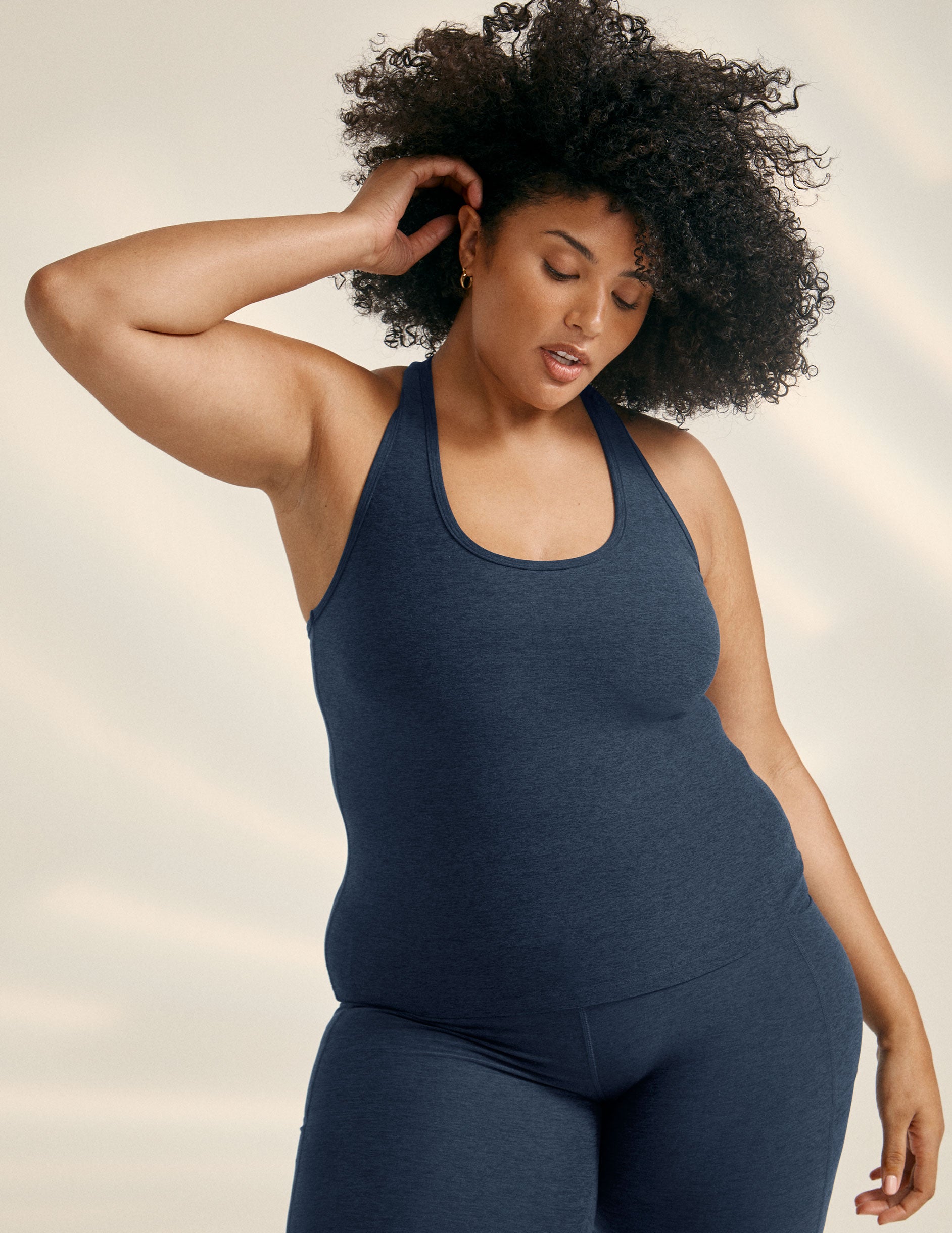plus size navy tank paired with navy high waisted legging