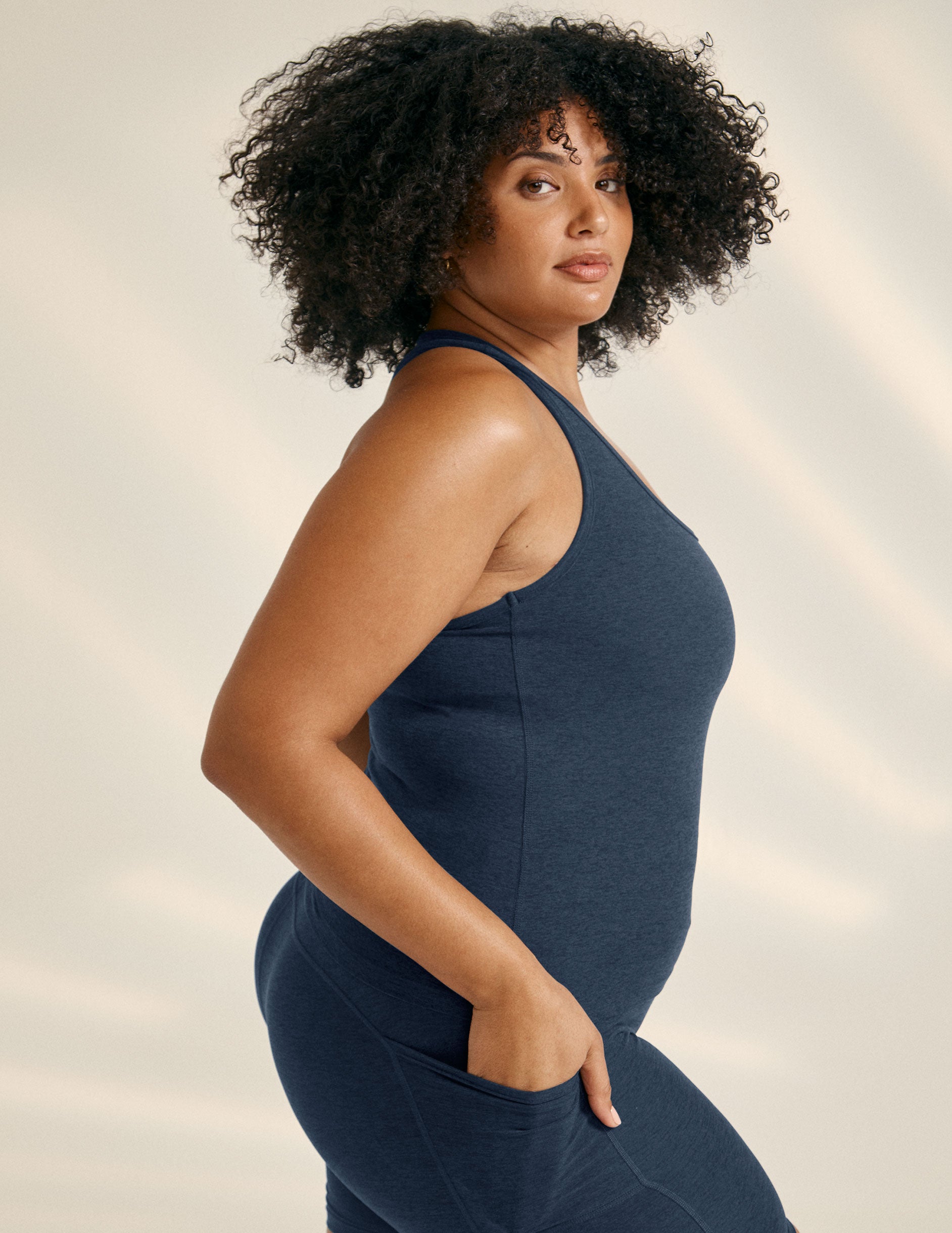 plus size navy tank paired with navy high waisted legging