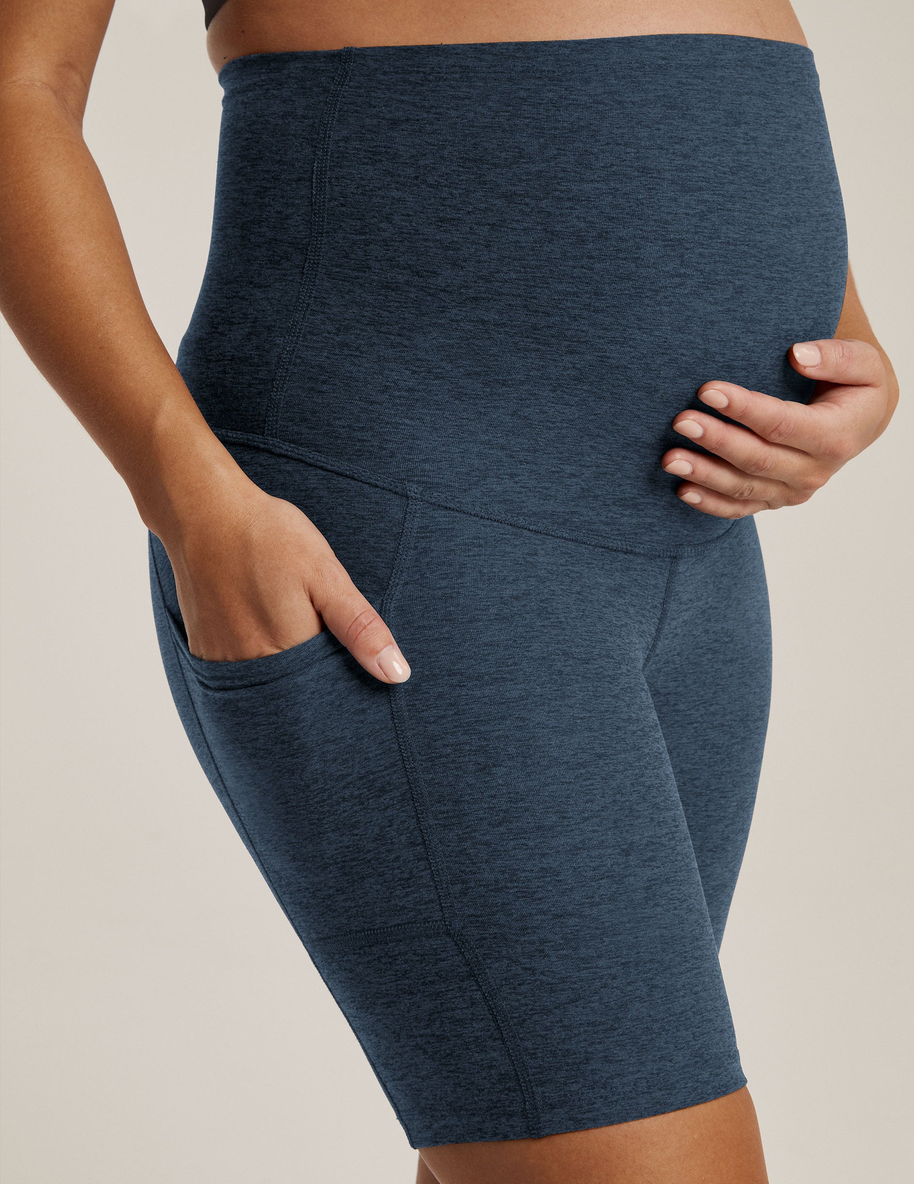 blue maternity biker short with pocket at sides