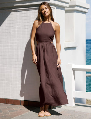 around the world front twist maxi dress in espresso. 