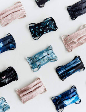 Multiple prints of masks laid out on flat white background