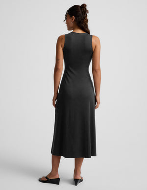 black midi dress with square neckline Melinda | Black Square-Neck Midi Dress With Mesh Detailing