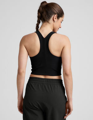 black ribbed high-neck cropped racerback tank. 