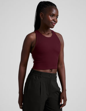 red ribbed high-neck cropped racerback tank. 