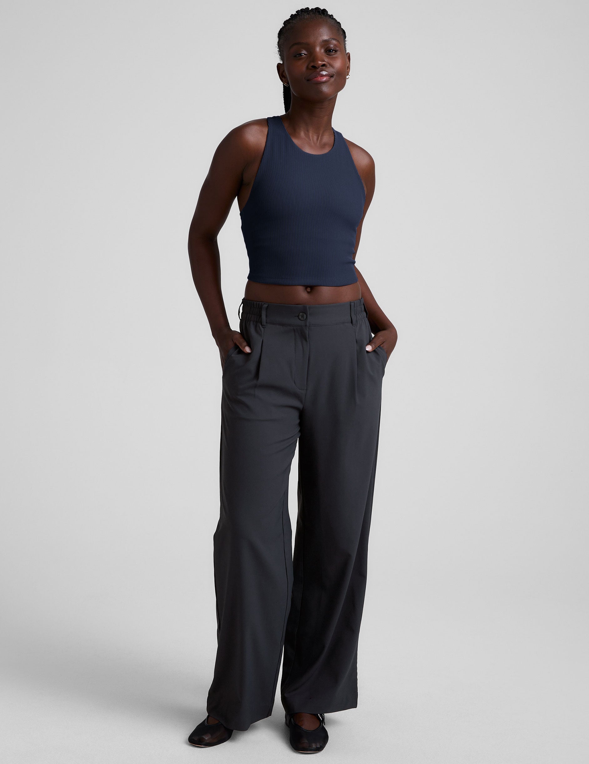 blue high-neck ribbed cropped racerback tank. 