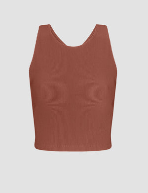 red high-neck ribbed cropped racerback tank. 