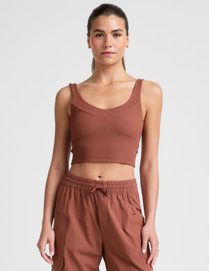 red ribbed cropped tank top with a soft front and back v neckline. 