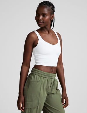 white ribbed cropped tank with a front and back soft v neckline. 