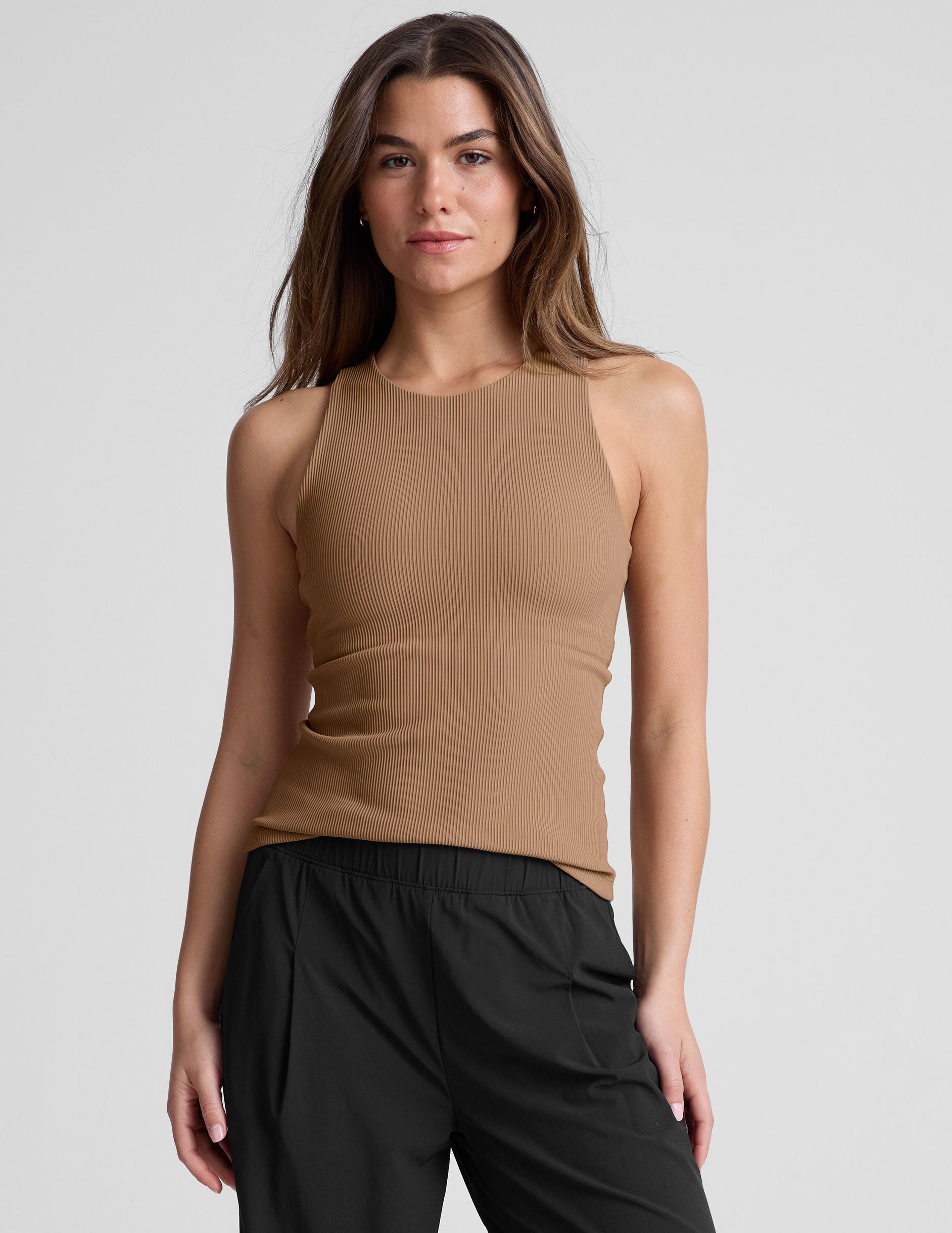 brown ribbed high-neck classic length tank top. 