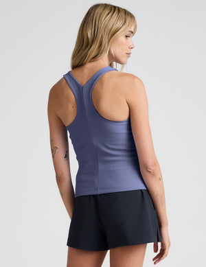 blue ribbed high-neck tank top. 