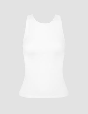 white high-neck ribbed racerback tank top. 
