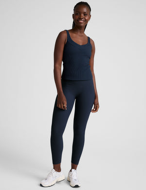 blue v-neck ribbed tank top. 