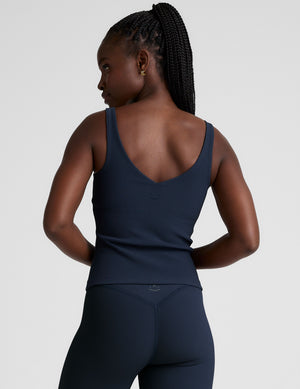 blue v-neck ribbed tank top. 