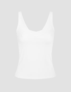 white ribbed tank top with a soft front and back v neckline. 