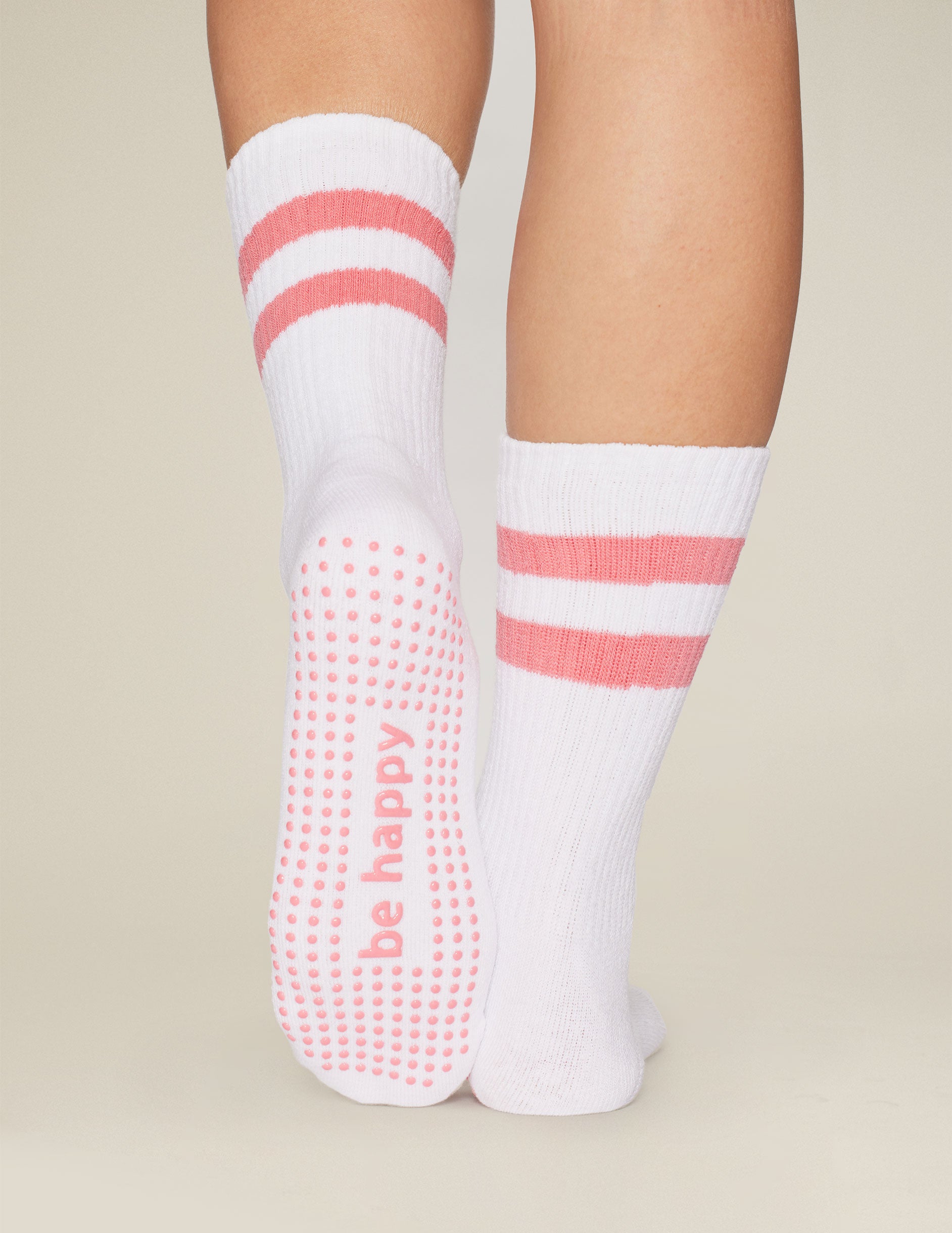 white crew neck socks with pink stripes.