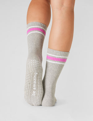 gray crew socks with pink stripe detailing. 