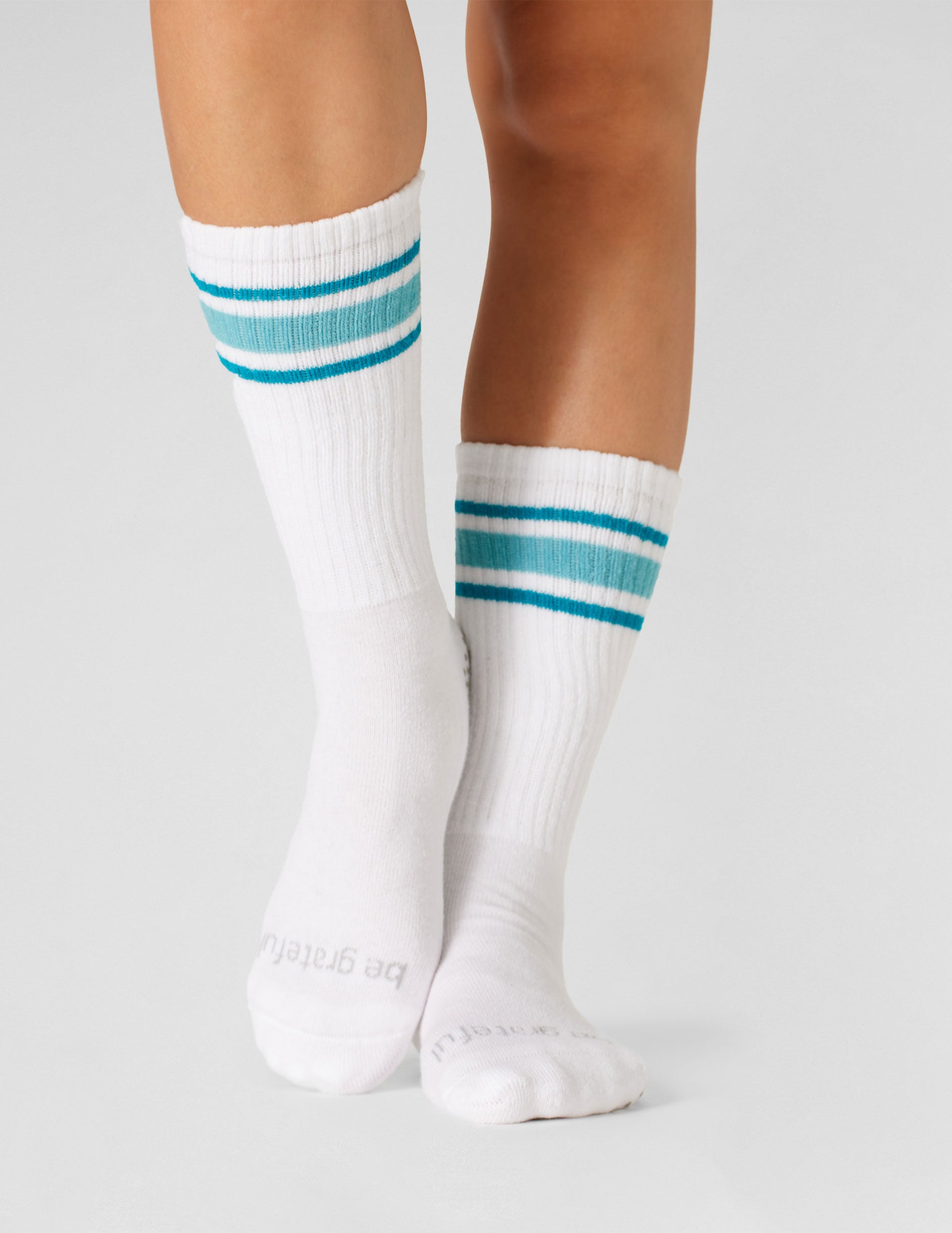 white and blue calf high sock.