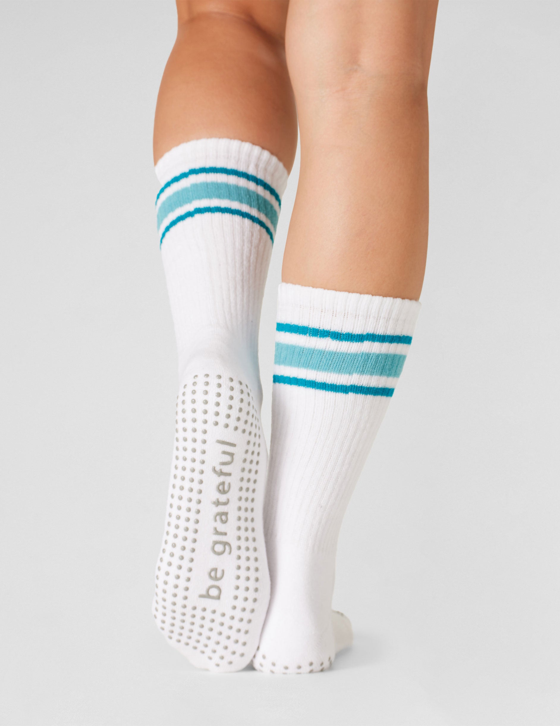 white and blue calf high sock.