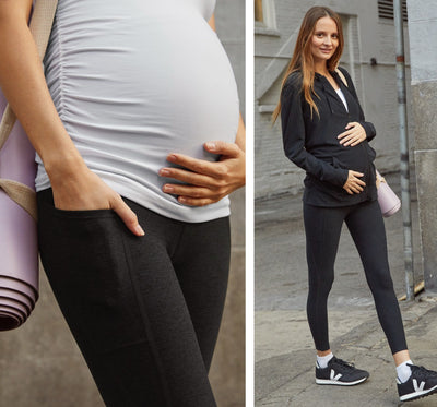 model on the left is wearing a white maternity tee and black maternity pocket leggings. model on the left is wearing a black maternity zip-up hoodie and black maternity pocket leggings. 
