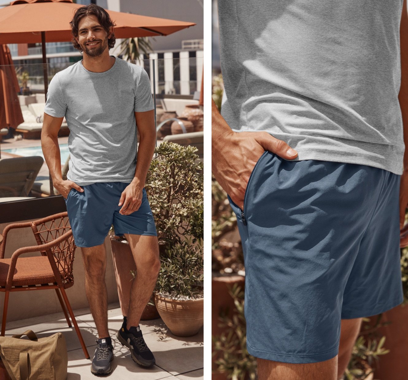 model is wearing a grey men's t-shirt and blue men's shorts. 