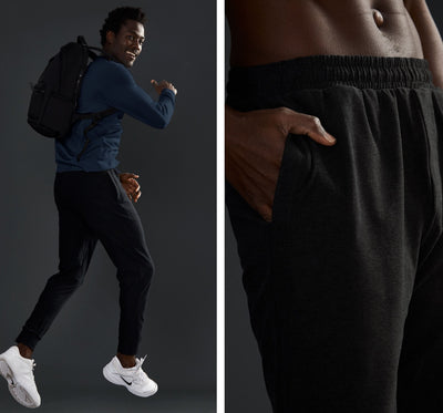 model is wearing black men's jogger pants. 