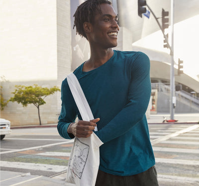 model is wearing a blue men's long sleeve top. 