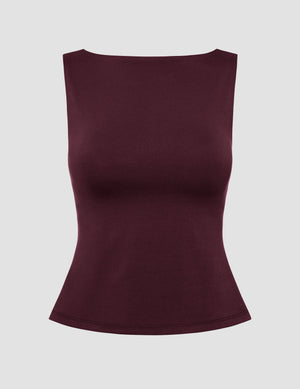 red boat neck tank top with a square back neckline. 
