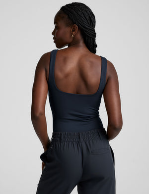blue double-layered square neckline bodysuit. 