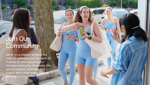 group of people in flower blue heather workout sets. 