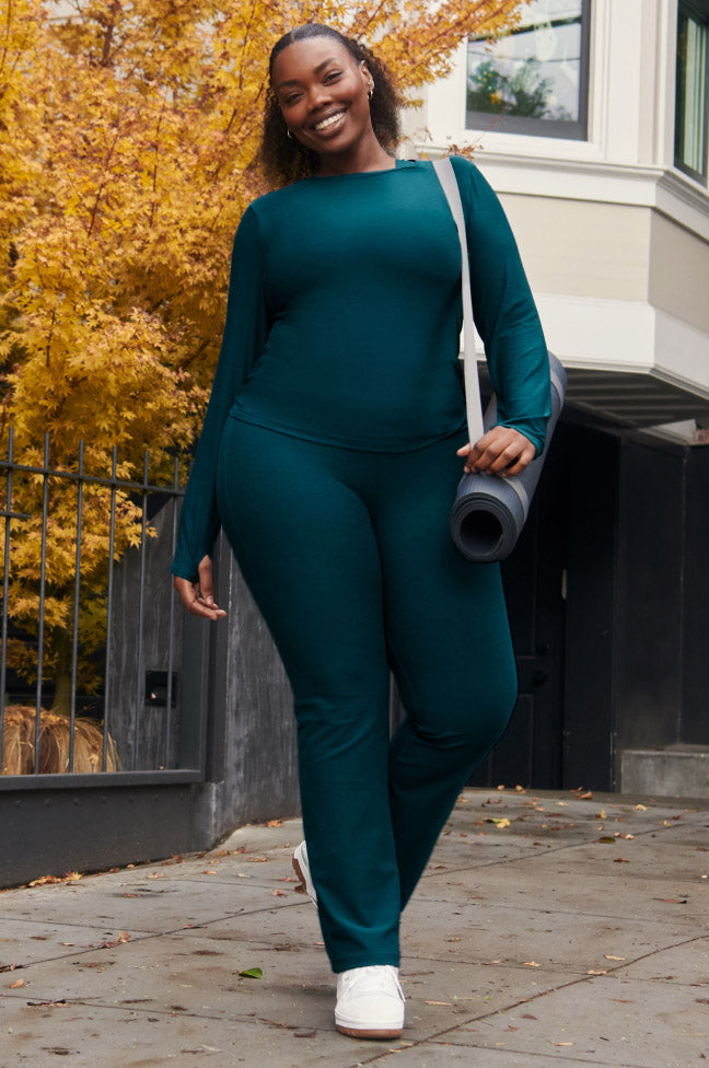 blue long sleeve top and blue midi wide leg pant