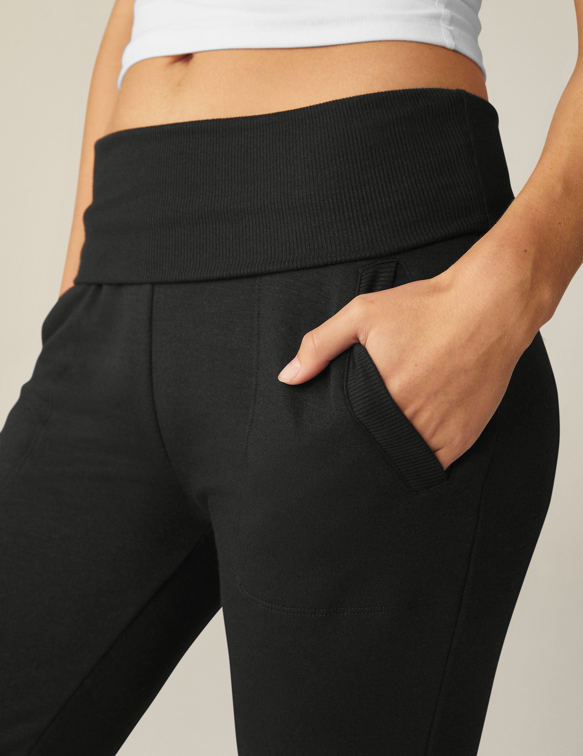 Rib Fold Over Pants - Black