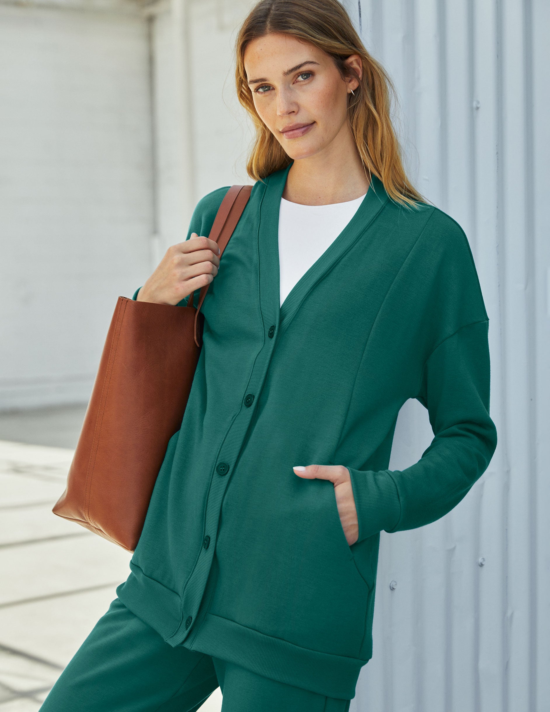 green button-up cardigan