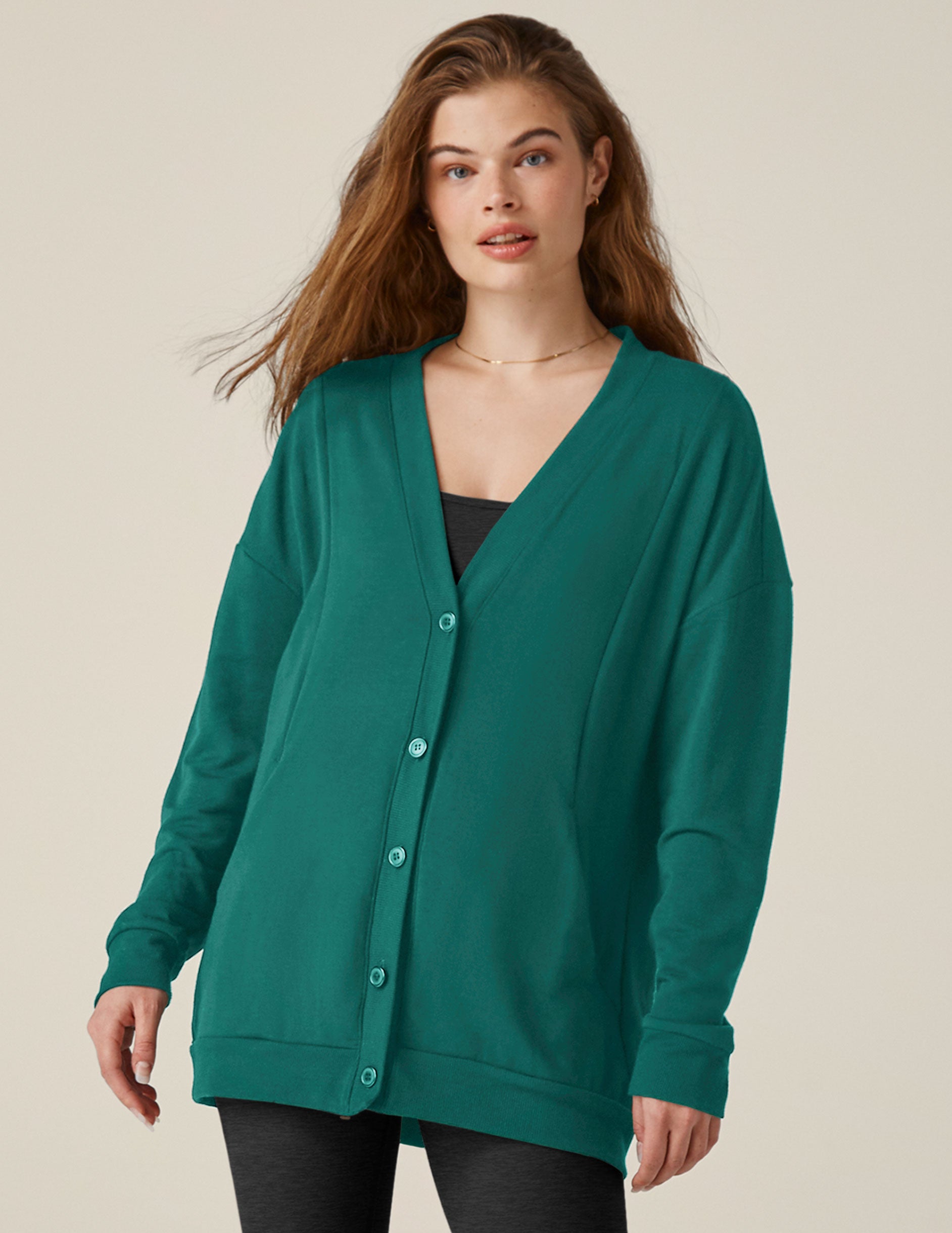 green button-up cardigan