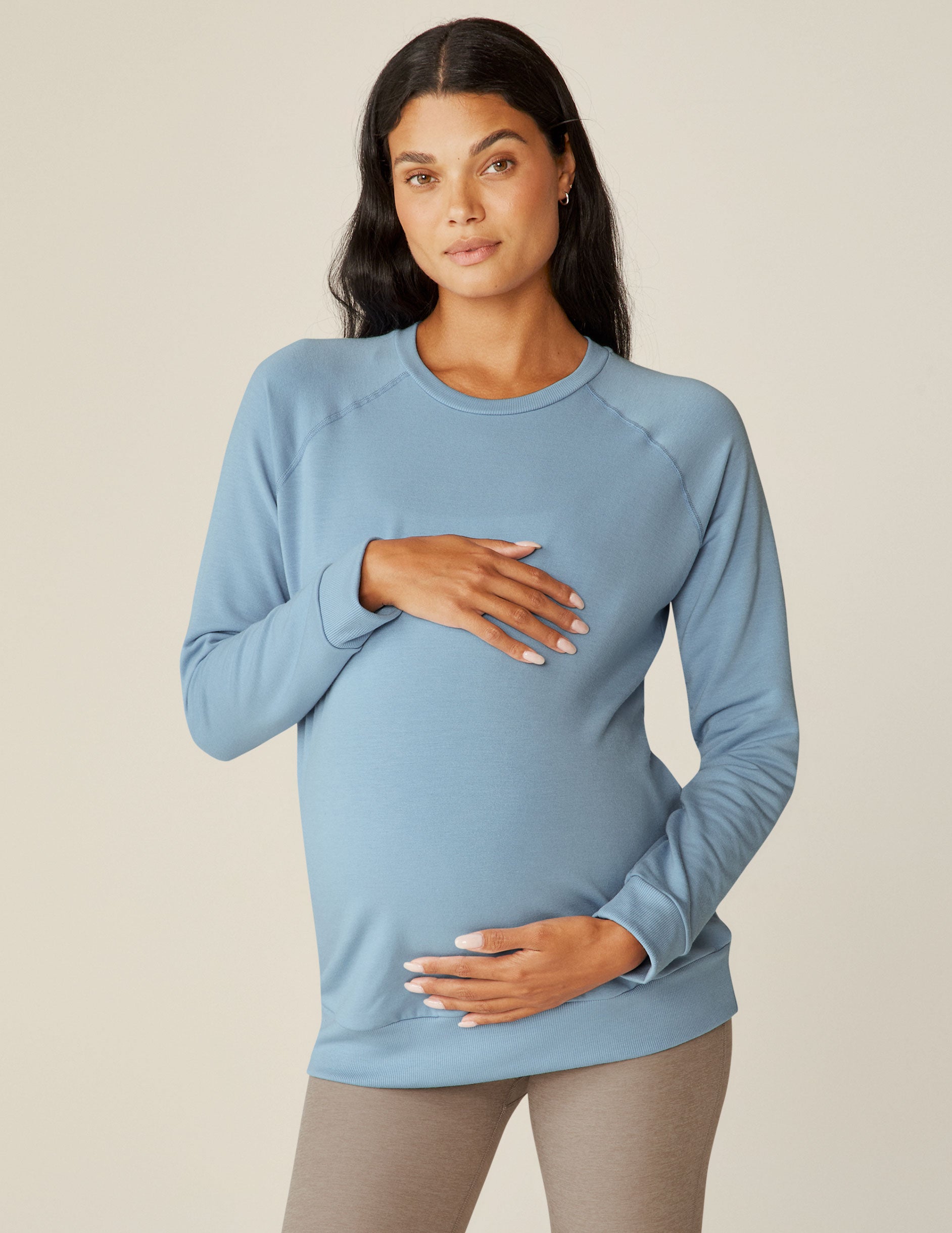 blue maternity crew neck sweatshirt. 