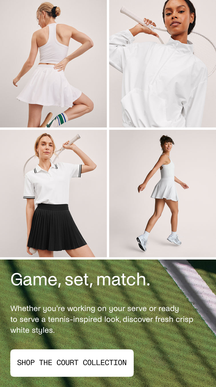 Four women in tennis-inspired outfits with text promoting a court collection.
