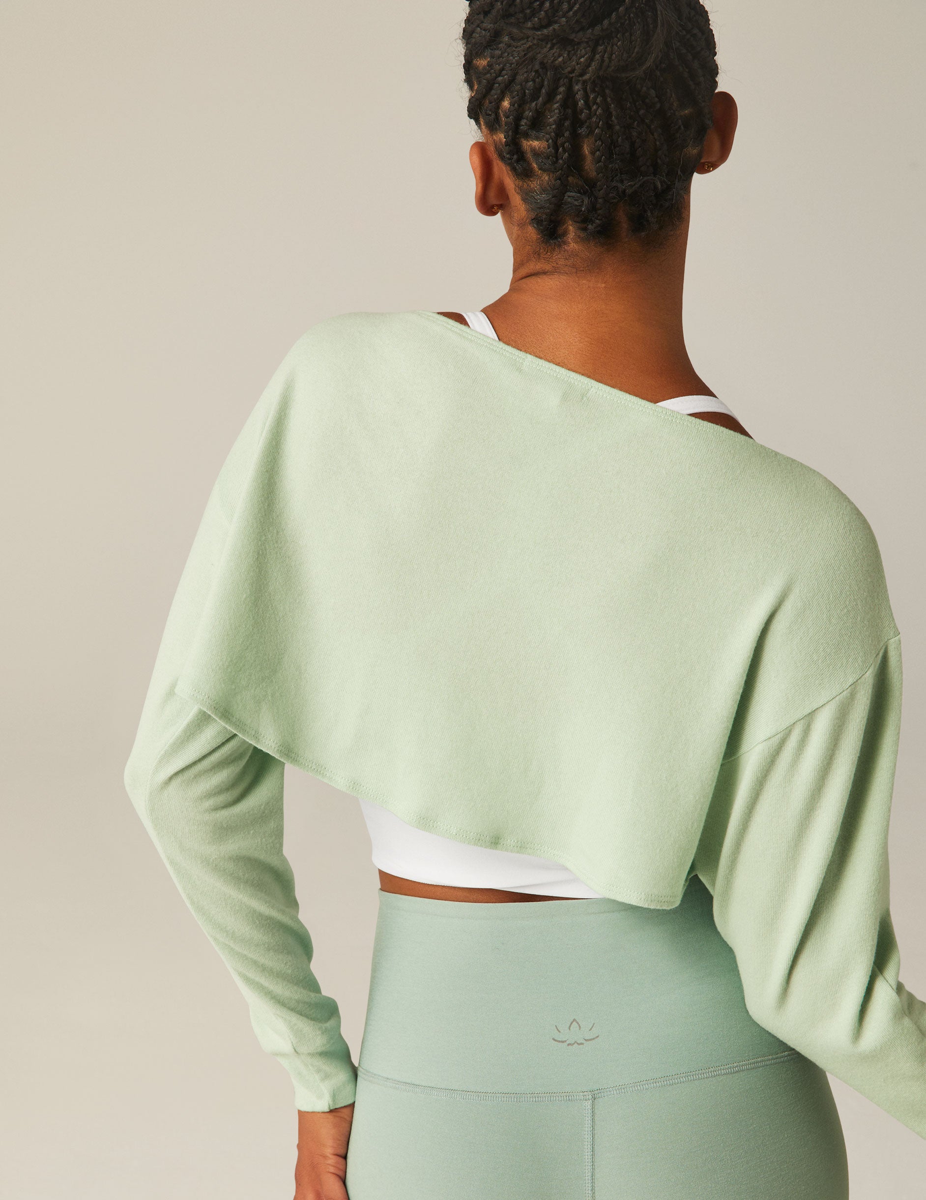 green off the shoulder shrug top with keyhole back.