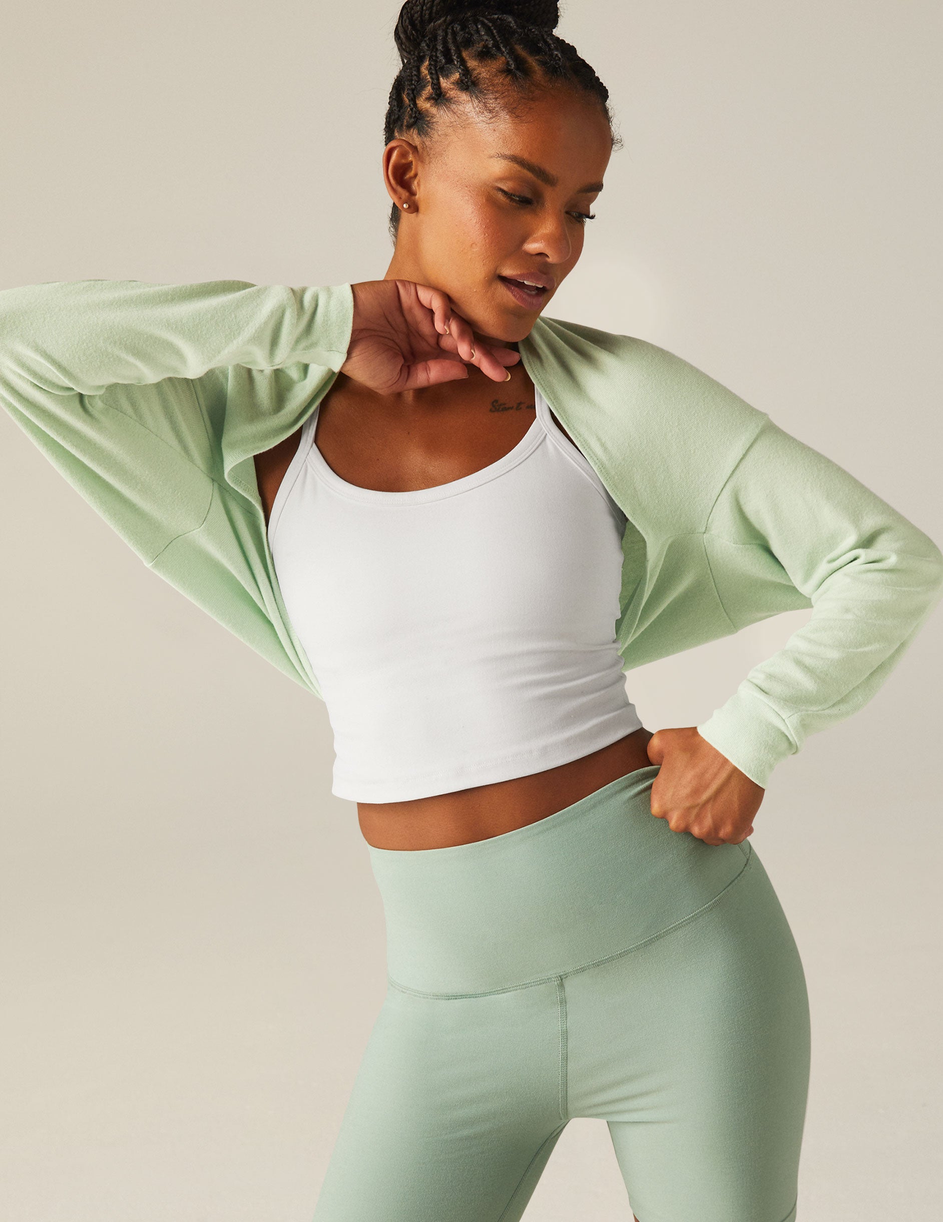 green off the shoulder shrug top with keyhole back.