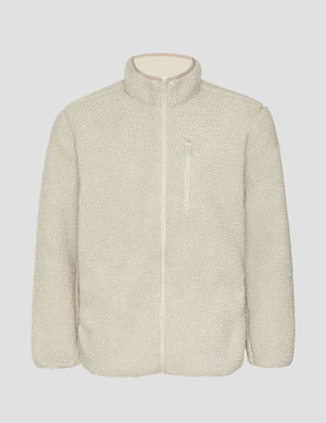 white zip-up fleece men's jacket on a light background. 