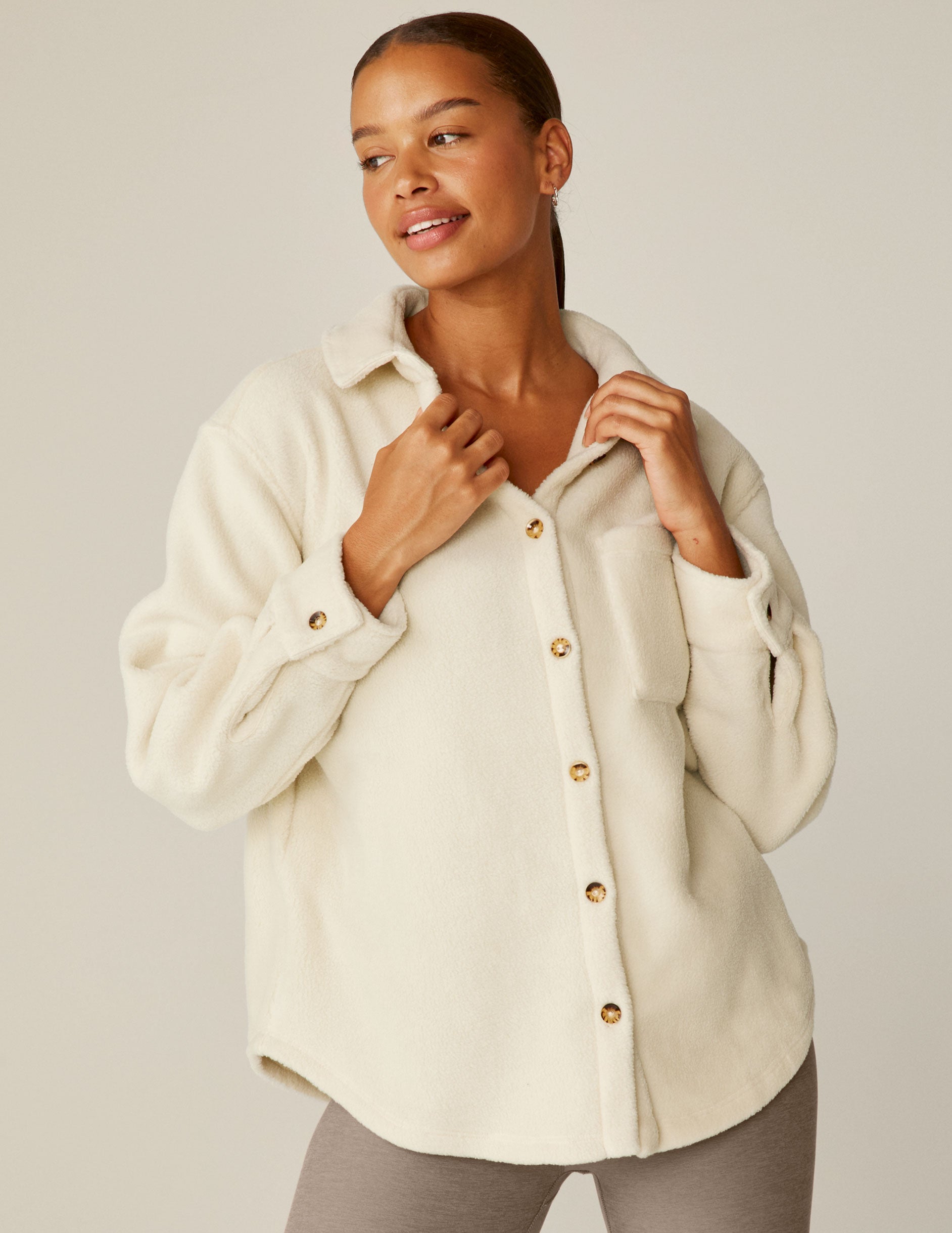 white fleece button up shirt jacket. 