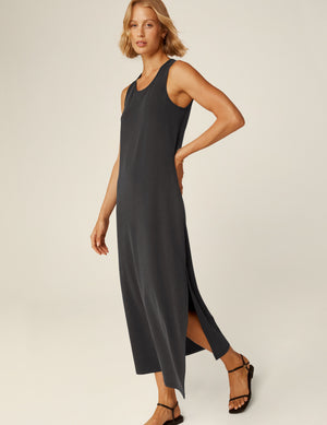 black midi tank dress with a front side slit. 