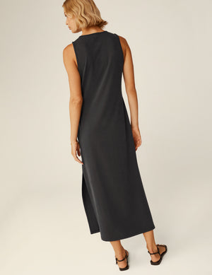 black midi tank dress with a front side slit. 