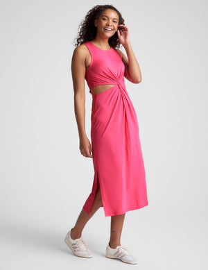 pink midi dress with a front twist detailing at waist. 