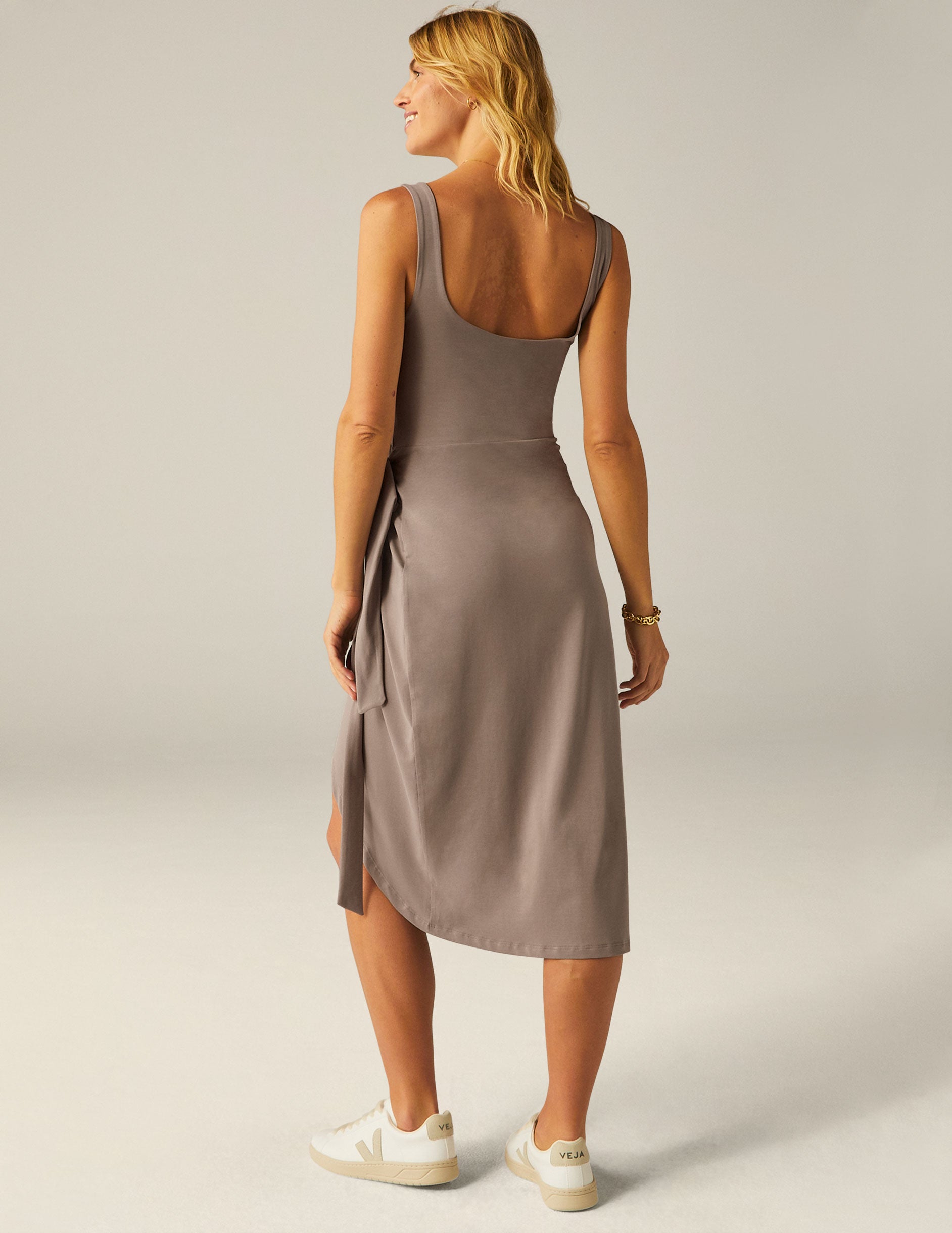 brown wrap tie midi dress