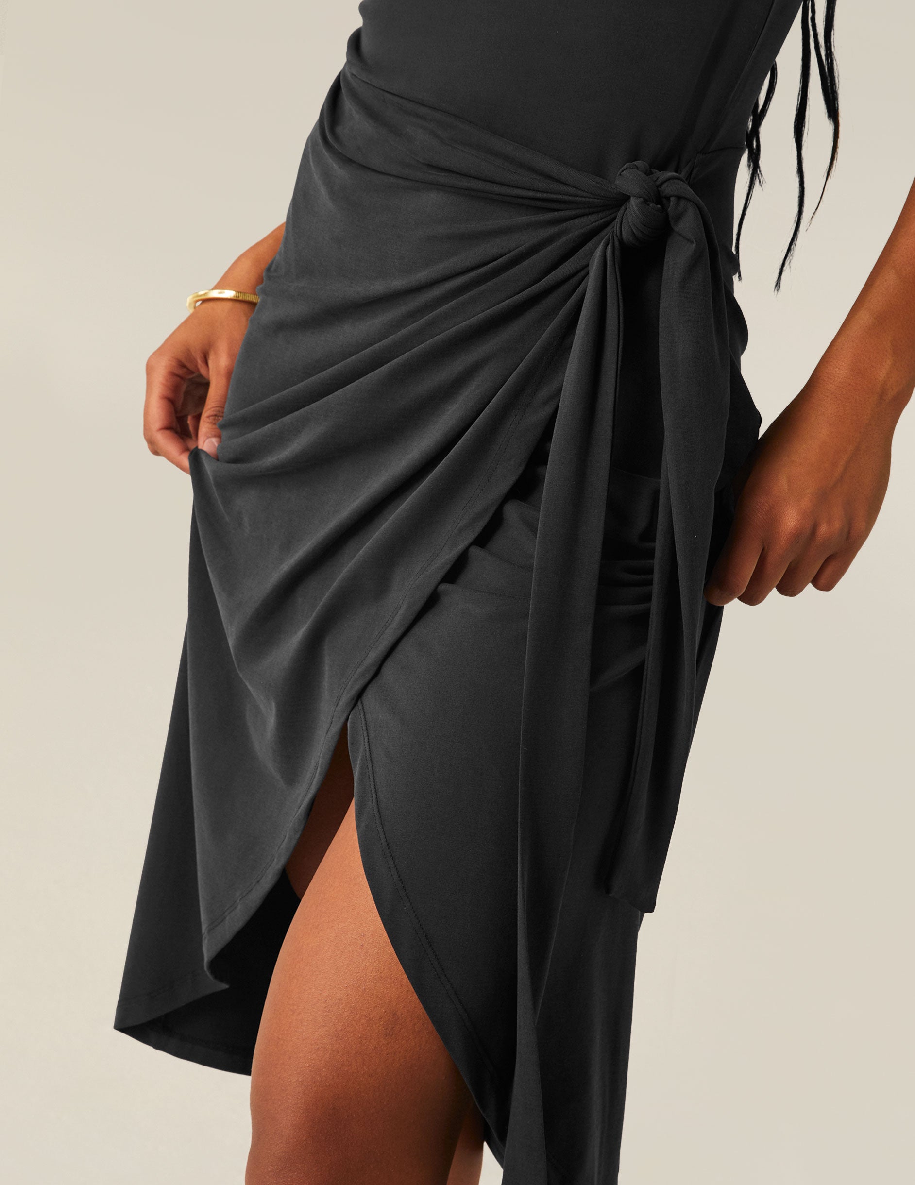 black wrap front midi dress